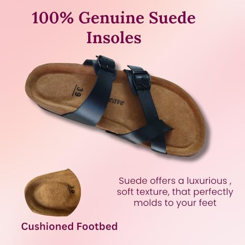 Image of Women's Genuine Leather Slippers | Comfort Sandals | Cushioned Suede Footbed | Anti-Skid Cork Sole | Flip Flips for Everyday Use