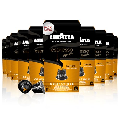 Lavazza, Espresso Maestro Lungo, 100 Capsules Café Compatibles avec les Machines Nespresso Original, Notes de Fruits et Fleurs, 100% Arabica, Intensité 5/13, Torréfaction Légère, 10 Paquets