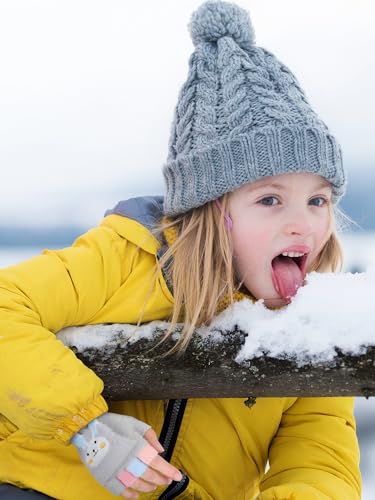 SATINIOR 2 Pairs Winter Kids Fingerless Gloves Toddler Finger Mittens Knit Convertible Half Finger Mitten Flap Aged 3-10(Grey, Dark Pink,Rabbit)3