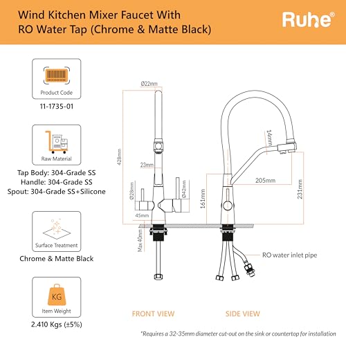 Image of Ruhe Wind Kitchen Sink Mixer Tap with RO Water Supply | Hot & Cold Dual Water | Flexible Silicon Spout | 360 Swivel | Table Mounted Faucet | 304-Grade Stainless Steel Kitchen Faucet