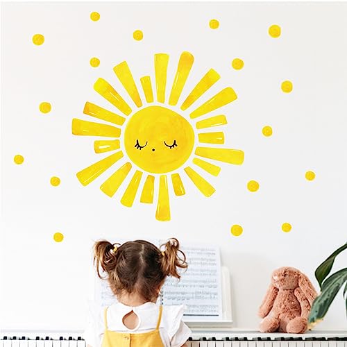 MOSITU Large Sun Wall Decal 37 Pcs Yellow Sunshine Stickers with Small Polka Dot Watercolour Boho Sunlight Wall Decals for Nursery Bedroom Playroom Kids Room Decor - Image 2