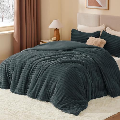 Image of BEDELITE Fleece Oversized Queen Comforter Set, Fluffy Bed Set, Dark Grey | Super Soft & Warm Bedding, Luxury Fuzzy Faux Fur Comforter for Winter, Heavy Plush Bedding, with 2 Pillowcases