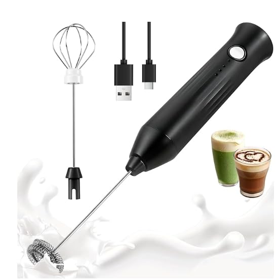 XSBAIHUO Milk Frother Handheld Electric Coffee Foamer with 2 Stainless Steel Whisk Battery Drink Mixer for Lattes Cappuccino Hot Chocolate Matcha High Speed Whisking Wand-Black