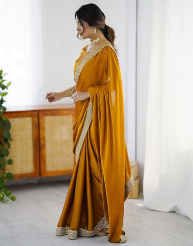 Image of SIRIL Women's Chiffon Sequence Embroidery Lace Saree with Unstitched Blouse Piece