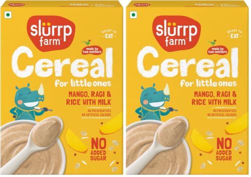 Image of SLURRP FARM No Added Sugar Instant Cereal | Ragi, Rice and Mango with Milk, 200 Grams (Pack of 2)