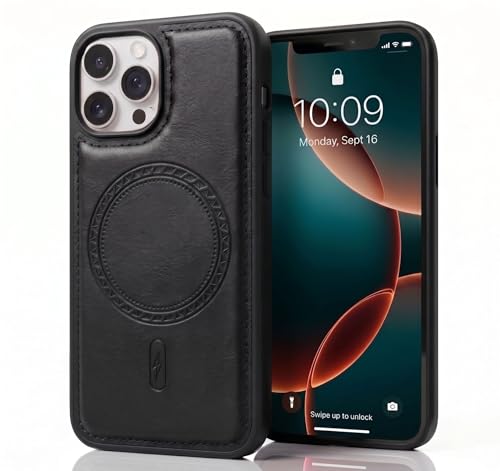 Image of amazon basics Premium PU Leather Case for iPhone 15 Pro Max, MagSafe Compatible Magnetic Ring, Sleek Protective Back Cover - [Black]