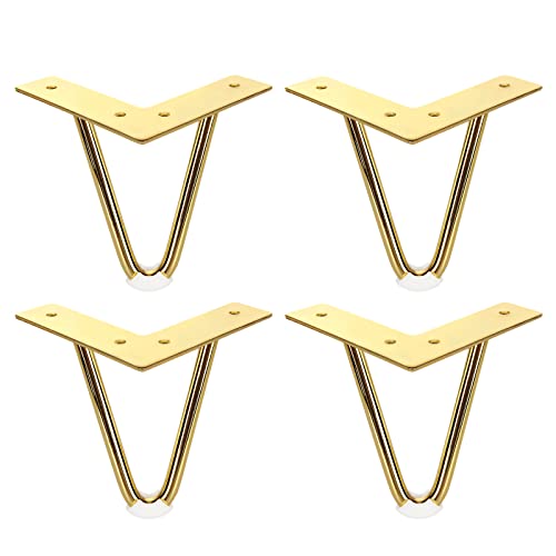 4 inch Hairpin Table Legs, Gold Furniture Legs, Metal Hairpin Legs with Rubber Floor Protector, Gold Legs of 2 Rods for Furniture, Sofa, Cabinet