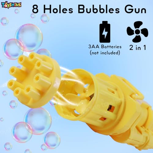 Image of Toyshine 8 Hole Electric Bubbles Gun Gatling Bubble Machine Toy with Scoup Bottle for Children Party Favors Outdoor & Indoor Activity for Boys Girls 3 Years and Above (Yellow)