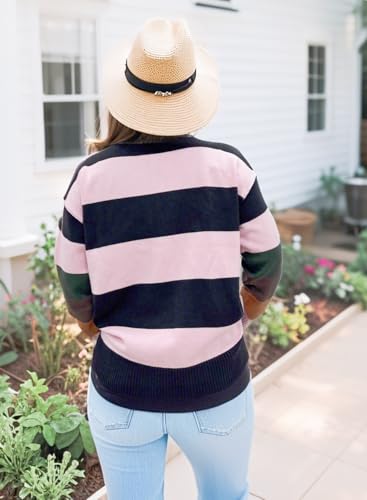 Image of Womens Striped Sweater Quarter Zip Sweater Drop Shoulder V Neck Y2k Pullover Sweaters