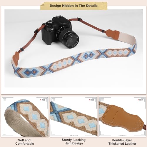 Image of Universal Camera Strap - Camera Neck Strap, Adjustable Shoulder Straps Compatible with Canon, Fujifilm, Nikon, Olympus, Panasonic and other SLR and mirrorless cameras - Blue and Khaki Weave