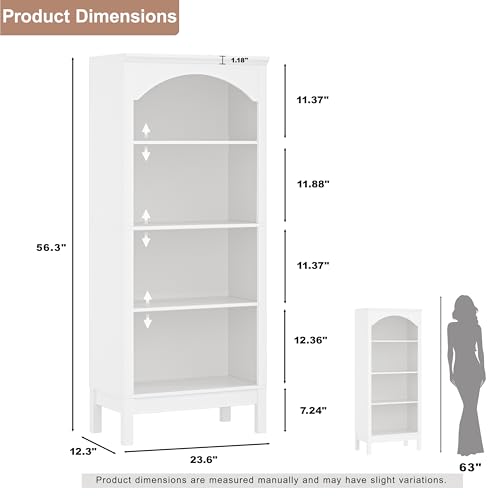 Image of 56 inch H Tall Bookshelf and Bookcase, Arched Book Shelf with 4-Tier Open Shelves, Wooden Storage Bookcase Freestanding Display Bookshelves for Bedroom, Living Room, White