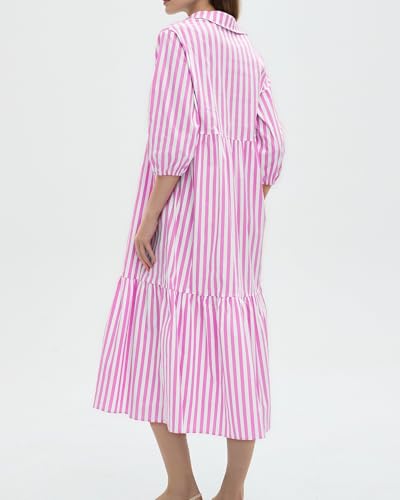 Image of EZAPINE Womens Babydoll Striped Shirt Midi Dress Puff Long Sleeve Collared Button Tunic Flowy Swing Dresses