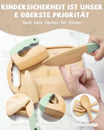 Kindermesser Set – 15-teilig mit sicherem Kiddikutter, Holzmesser Schneidebrett – Montessori Küchenset zum Schneiden Lernen ab 3 Jahre (Grün)