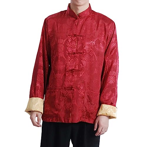 Men's Tang Jacket with Contrast Lining Chinese Traditional Frog Button Jacket Long Sleeve Stand Collar Tangzhuang Coat
