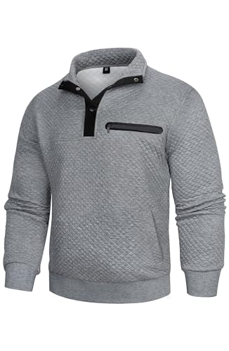 Image of Wirltte Mens Sweatshirts Solid Color Casual Long Sleeve Pullover Sweatshirt Winter Warm Stand Collar Button Top with Pockets Grey XXL