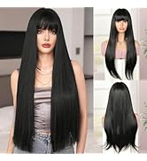 BECUS 26 Inch Long Black Wig for Women Straight Wig with Bangs Glueless Hair Realistic Natural Lo...