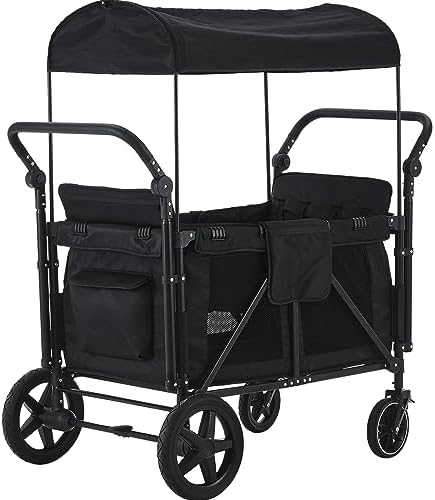 Wagon Stroller for 4 Kids, Wagon Cart with 4 High Face-to-Face Seats and Removable Canopy, Foldable Stroller Wagon with Wheels and Double Adjustable Push Bars for Beach, Garden, Camping, Park