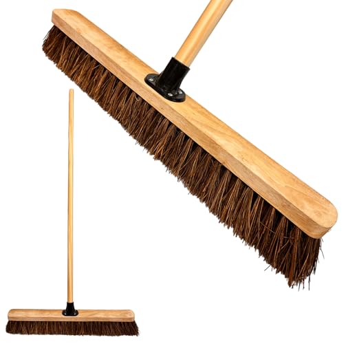 LS 24” Outdoor Garden Broom Heavy Duty Yard Brush with Wooden Handle Natural Stiff Bassine Bristles & Metal Support Bracket Outdoor Cleaning & Sweeping (PACK OF 1, 24" Stiff Natural Bassine Bristles)