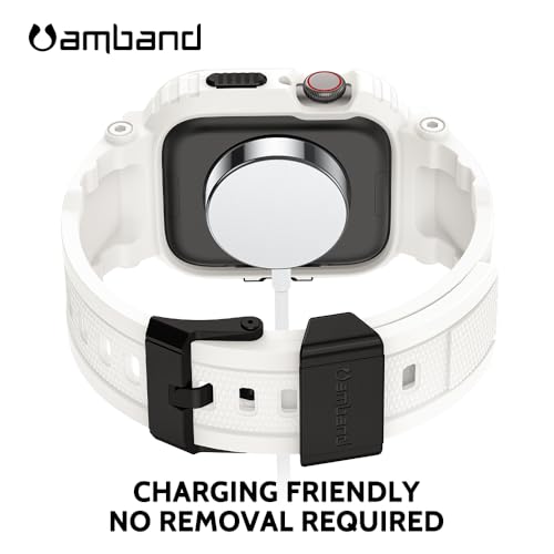 Image of amBand Bands Compatible with Apple Watch 9 /8 /7 45mm, M1 Sport Series Rugged Case with TPU Strap Military Protective Tough Cover Bumper for iWatch SE3 /SE2 /SE /6 /5 /4 /3 44mm 42mm Men White