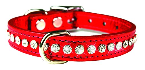 Image of Signature Leather Crystal Dog Collar, Metallic Red Solid Grain Leather, Fits 11.5 inch-13.5 inch Neck Size, 16 inch Overall Length