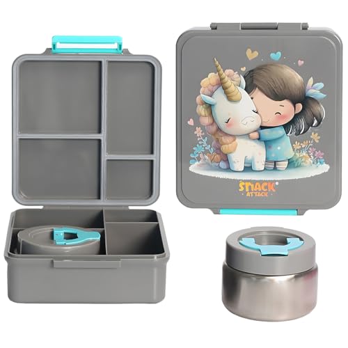 Snack Attack Kids Bento Lunch Box with Thermos – Leakproof Stainless Steel 4 Compartment Lunchbox with Hot Food Jar – Cute Unicorn Design – BPA-Free, Easy Open, Ideal for School & Daycare Meals