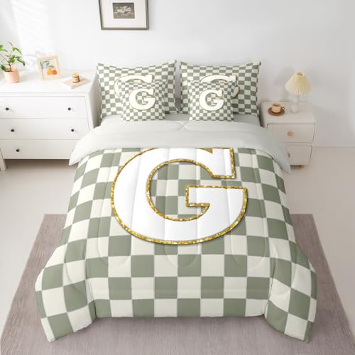 Image of Erosebridal Sage Green Checkered King Comforter Set with Sheets 7 Piece Plaid Initial G Bed in A Bag Personalized Monogram Bedding Sets for Kids Adults,Fashion Grids Gingham Bed Set