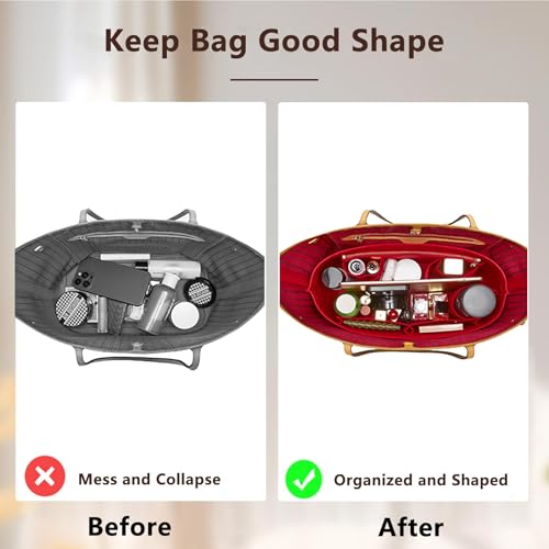 OAikor Purse Organizer Insert, Felt Zipper Bag Organizer with Base Shaper, Handbag Tote Dividers for Inside Purse Accessories, Compatible with Neverfull PM and More,Red/M