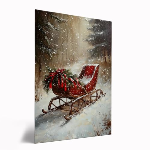 Vintage Winter Sleigh Poster, Christmas Sleigh Art, Rustic Holiday Decor,