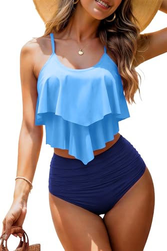 Image of Womens Tankini Swimsuits Ruffled Tank Top Tummy Control Floral Modest Swimwear High Waisted Bikini