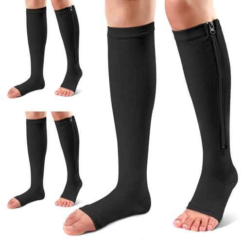 Image of Ailaka 3 Pairs Compression Socks with Zipper, 15-20 mmHg Medical Knee High Compression Socks for Men Women, Open Toe Socks for Varicose Veins, Edema, Recovery(Black,SM)