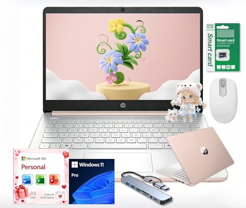 Image of HP Ultra Thin 14 inch Laptop with Copilot, Intel N150, 16GB RAM, 256GB(128GB eMMC+128GB SD Card) • HUB • Mouse, Windows 11 Pro, 1-Year Office 365, Lightweight Rose Gold Notebook for Work & School