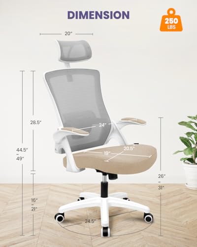 Image of NEO CHAIR Office High Back Mesh Headrest Adjustable Height and Ergonomic Design Home Office Computer Desk Executive Lumbar Support Padded Flip-up Armrest Swivel (Beige)