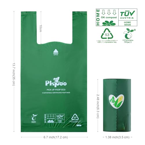 Image of Pkpoo 100% Compostable Dog Poop Bags with Handles, Extra Wide, Vegetable-Based Large Poop Bags for Dogs, Biodegradable Waste Bags for Poo, Cat Litter, Diaper Sacks, Unscented, 180 Counts
