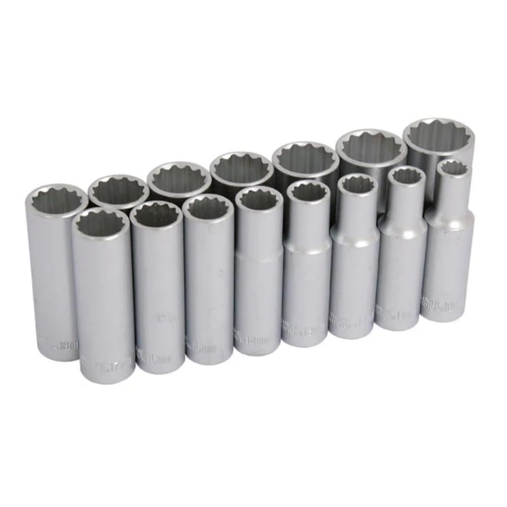 15PC 1/2 INCH DRIVE DEEP SOCKET SET 12 point with Socket Rail