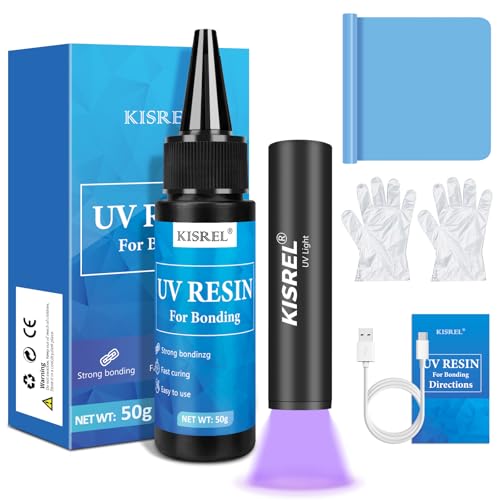 KISREL 50g UV Resin Kit with Light（Upgrade）, Fast Curing & Bonding in Seconds, 50g UV Resin Kit with UV Flashlight for Welding，UV Glue for Bonding Jewelry, Plastic, Glass Repair