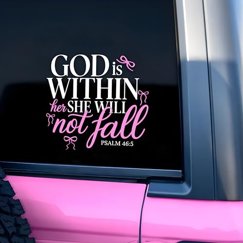 God is Within Her She Will Not Fall Car Decal Pink Bows Christian Girly Decal Affirmations Bible Says Vinyl Waterproof 8 Inches Bumper Decal Gifts for Women Girl Mom