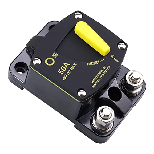 Vozinmost 12V - 48V Dc 50 Amp Surface Mount & Panel Mount Circuit Breakers For Boat Trolling With Yellow Manual Button Waterproof 50A #TOP1