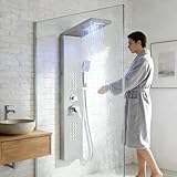 HARNART Colonne de douche LED Avec Mixeur,5 Modes Colonne de douche:Pluie et Cascade Jets de Massage Corporel Pommeau et bec de Bain Baignoire Pomme de Douche à Main Avec Tuyau 150CM,Brossée