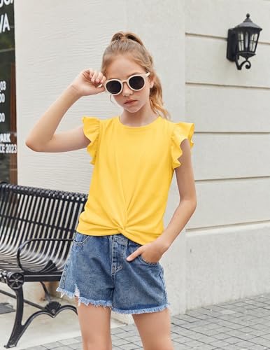 Image of Arshiner Girls Shirt - Short-Sleeve Twist Front T-Shirt for Girls with Cute Flying Sleeves - Summer Blouse Tunic Tee Tops