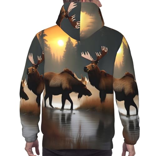 Pull à capuche homme motif élan et ours imprimé à cordon serrage - 4