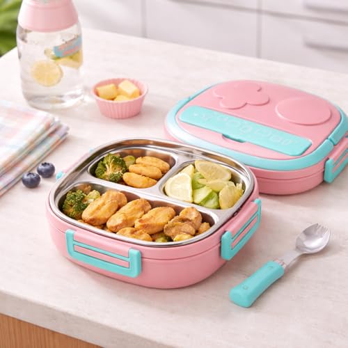 Marmita Infantil Térmica Aço Inox Lancheira Escolar Divisórias 3 Compartimentos Hermética Antivazamento Livre de BPA Mantém Quente Pote Térmico Papinha Merendeira Escolar 550ml Bento Box (Rosa)