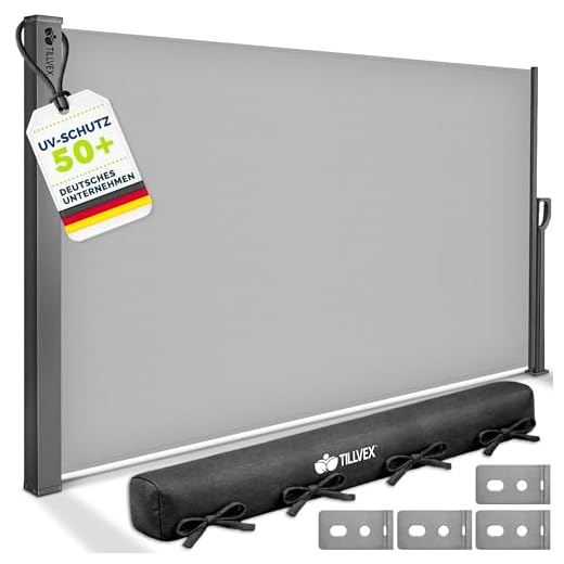 tillvex® Seitenmarkise 200 x 400 cm ausziehbar & Blickdicht mit Regencover | Sichtschutz Balkon, Garten & Terrasse | Seitenrollo mit Wandhalterung | Sonnenschutz Markise aus rostfreiem Stahl
