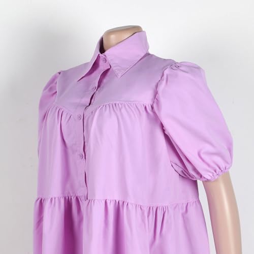 Image of WOKANSE Women's Cute Babydoll Dresses Casual Loose Puff Sleeves Ruffle Hem Button Down Pleated Shirt Dress