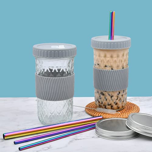 Reusable Boba Cup, 22Oz Bubble Tea Cups Wide Mouth Smoothie Cups With Lid Straws Brush, Leakproof Mason Jars Drinking Bottle Juicing Travel Mug Glass Tumbler For Large Pearl, Coffee (2 Pack) #TOP5