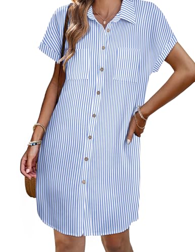 Image of Zeagoo Summer Dresses for Women 2026 Cotton Button Down Short Sleeve Tshirt Dresses Casual Mini Beach Dress