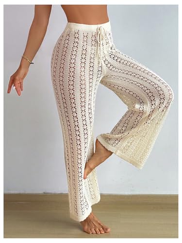 OYOANGLE Women's Hollow Out Crochet Knit Swimsuit Cover Up Pants Drawstring Elastic High Waisted Beach Pants3