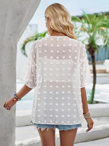 Image of Womens Summer Open Front Half Sleeve Lightweight Swiss Dots Cardigan Loose Kimono Sheer Beach Cover Up, White-S, Small