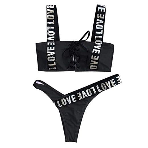 KIRALOVE Costume da Bagno Donna Due Pezzi - Sportivo - Bikini da Mare Ragazza - Slip - Sexy - Lacci - Sport Coordinato - Top - Taglia M - Nero - Ottima qualità