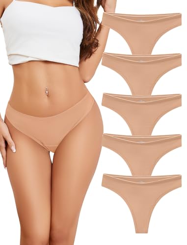 voenxe Thongs for Women Cotton Underwear Breathable Soft Panties Ladies Workout Undies Comfortable Moisture Wicking thong Athletic Tangas Stretch 5 Pack Nude