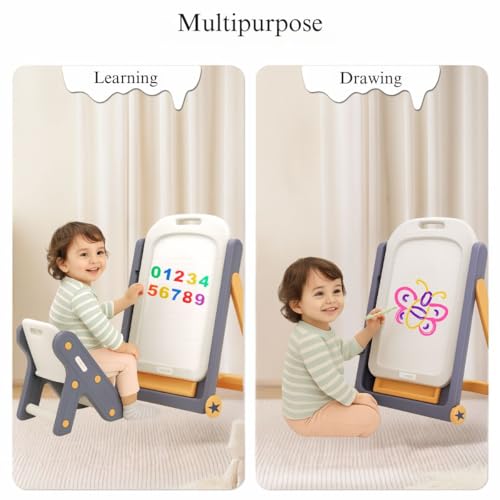 Image of Little Olive Kids Table Chair and Drawing Board with Easel | 2 in 1 Magnetic Activity Station for Toddlers | Foldable Plastic Desk with Storage Tray for Creative Learning Yellow Blue